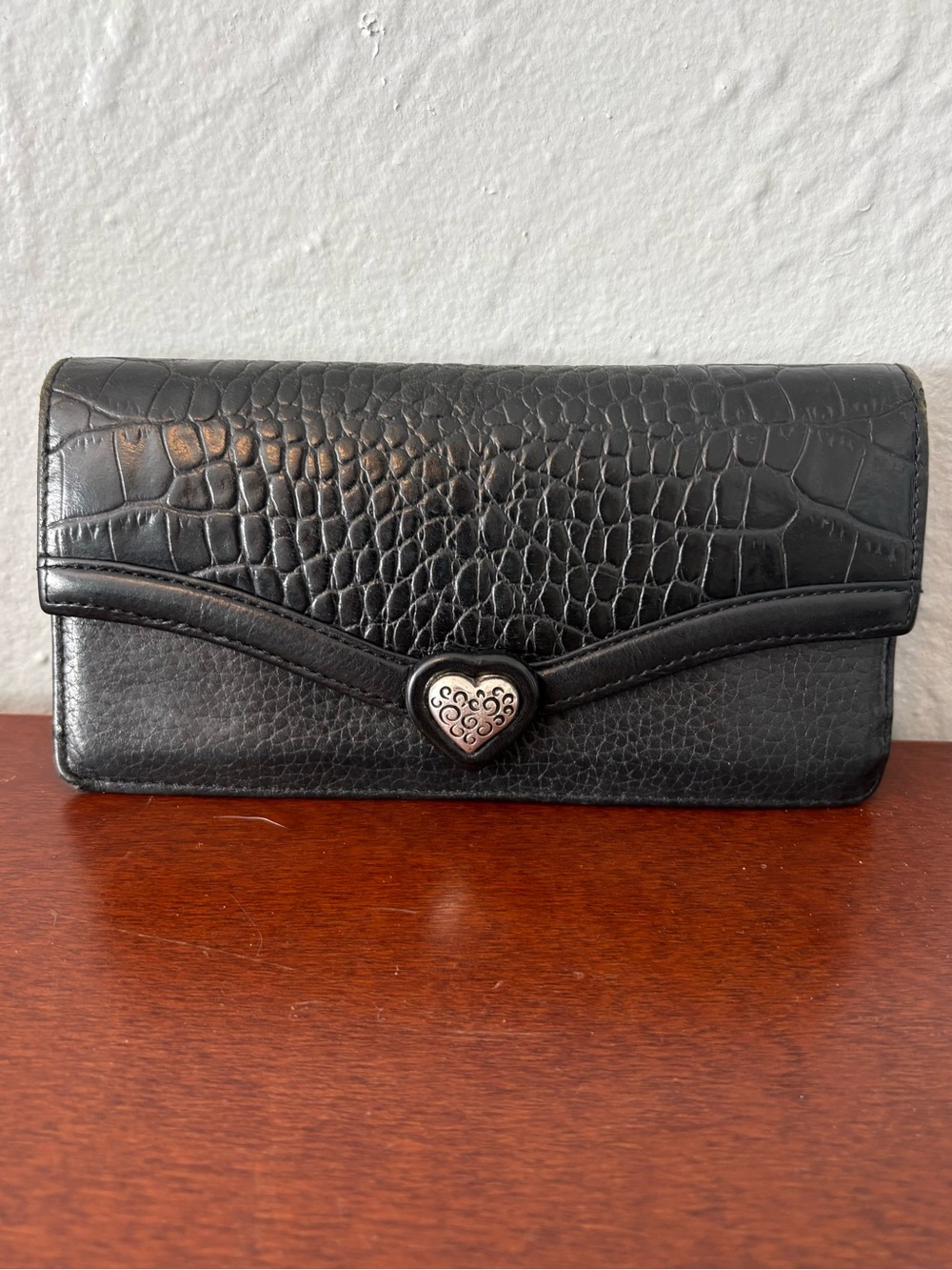 Brighton Black Croc-Embossed Heart Clasp Wallet